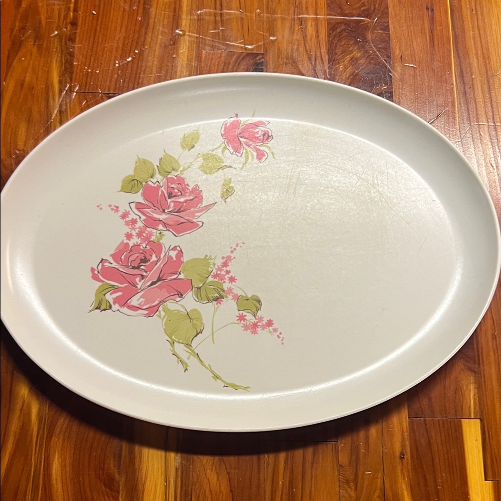 Source Unknown Floral Oval Serving Platter - Pink and Green